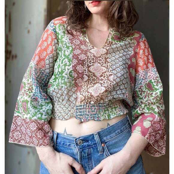 Vintage 70s Boho Patchwork Crop Top | Cotton Sheer Smocked Waist Blouse | Bell S - Picture 2 of 6